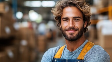 Obraz premium A young man wearing denim overalls and a casual gray shirt stands in a warehouse, smiling. He is surrounded by stacked boxes and shelves, showcasing a busy industrial environment