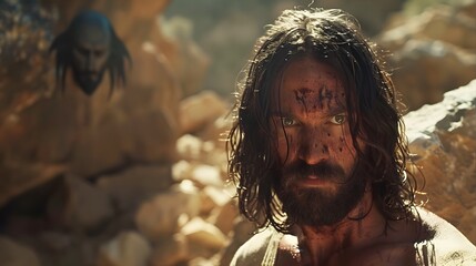 Jesus, sweat on his brow and a look of determination on his face, standing in the scorching desert heat, as Satan’s shadow peers out from behind a boulder, casting a dark presence --ar 16:9 --v 6.0 