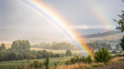 Double rainbow over countryside landscape
