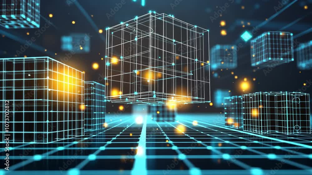 Poster a large, translucent cube floats above a grid of glowing blue lines