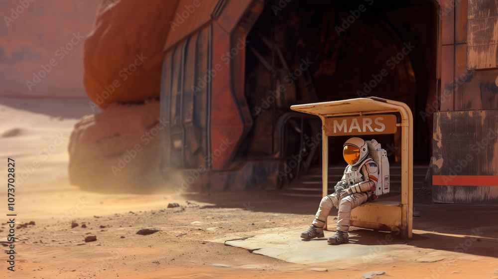 Poster astronaut resting at a bus stop on mars near a futuristic habitat in a desolate landscape