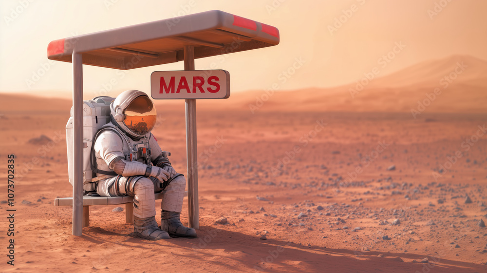 Poster astronaut waiting at a bus stop on mars with a red landscape surrounding the scene