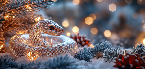 Fototapeta premium Glistening snake among holiday or winter-themed decorations with snow and lights. Crystal Serpent in Winter Wonderland. Enchanted Winter Snake with Festive Sparkle. Holiday Glow. Greeting card 2025