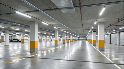A parking lot with yellow and white lines on the ground