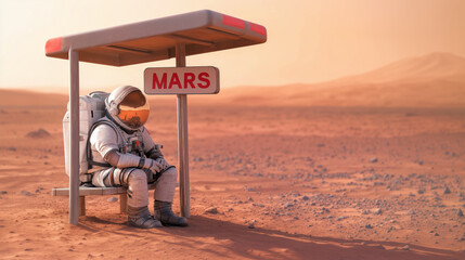 Astronaut waiting at a bus stop on Mars with a red landscape surrounding the scene
