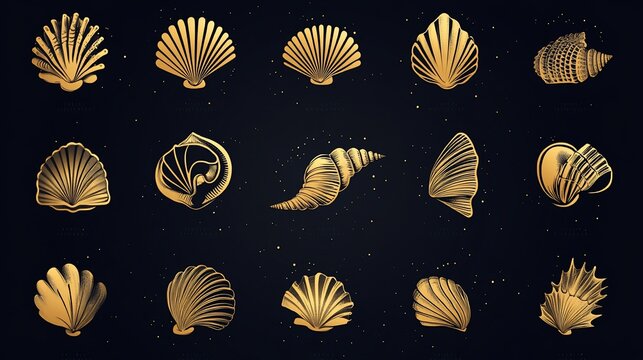 Set of golden seashells on a dark background.