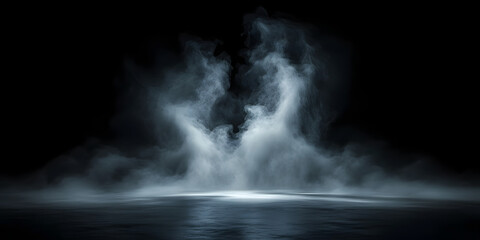 Fototapeta premium Mystical mist. Swirling smoke in dark and light symphony. Fluid fantasia. Abstract dance of fog and light on floor with black background