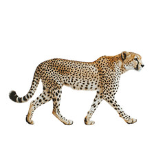 A cheetah walking in profile, isolated on a white background. PNG transparent.