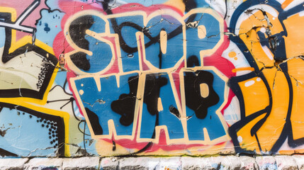 Graffiti mural with the words stop war on colorful wall background