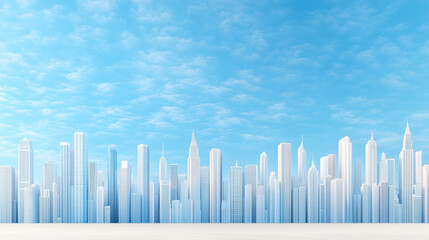 A panoramic view of a modern city skyline under a bright blue sky in daytime
