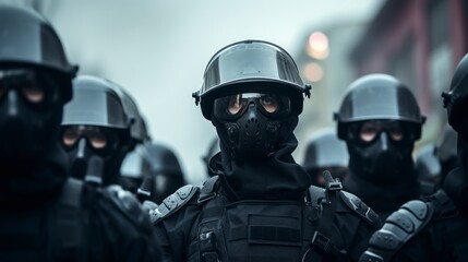  A group of officers in full riot gear are walking in a line down a city street. They are wearing helmets and gas masks, and their faces are obscured from view.