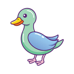 Cartoon illustration of green duck with blue wings, Vector illustration of a cute green duck with blue wings, yellow beak, and pink legs. Ideal for children's designs and animal graphics.

