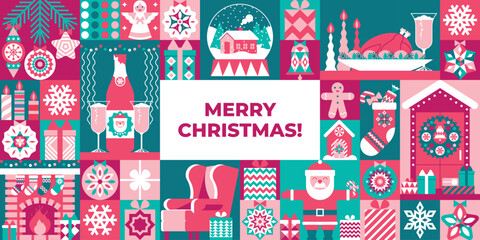 Bright Christmas geometric background with holiday symbols, home comfort, gifts, decorations. Christmas backdrop with fireplace, armchair, door with wreath, festive dinner, fir tree branch, snow globe