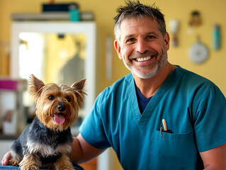 Smiling veterinarian with Yorkshire Terrier in veterinary clinic showcasing compassionate pet care and professional veterinary service