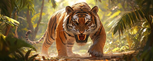 A fierce tiger prowls through a lush jungle, showcasing its majestic beauty and strength amidst vibrant green foliage.