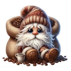 Obraz premium Cheerful gnome with coffee beans, white background.