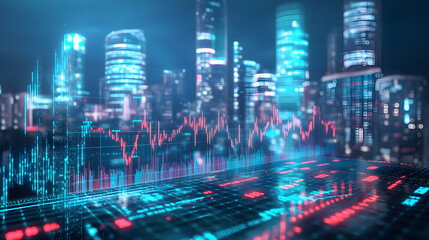Fototapeta premium Futuristic financial cityscape with digital stock market data visualization