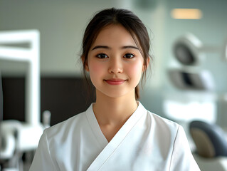 Fototapeta premium Young dental assistant in white uniform at modern dental clinic showcasing professionalism and dedication in healthcare environment