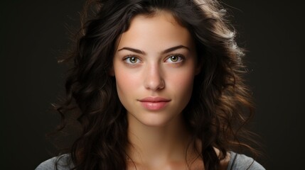  A woman with dark brown, curly hair and hazel eyes stares directly at the camera. The image is taken against a black background.