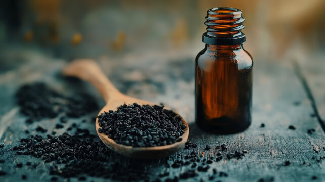  "Black Cumin Essential Oil: Nigella Sativa in Spoon on Rustic Table"