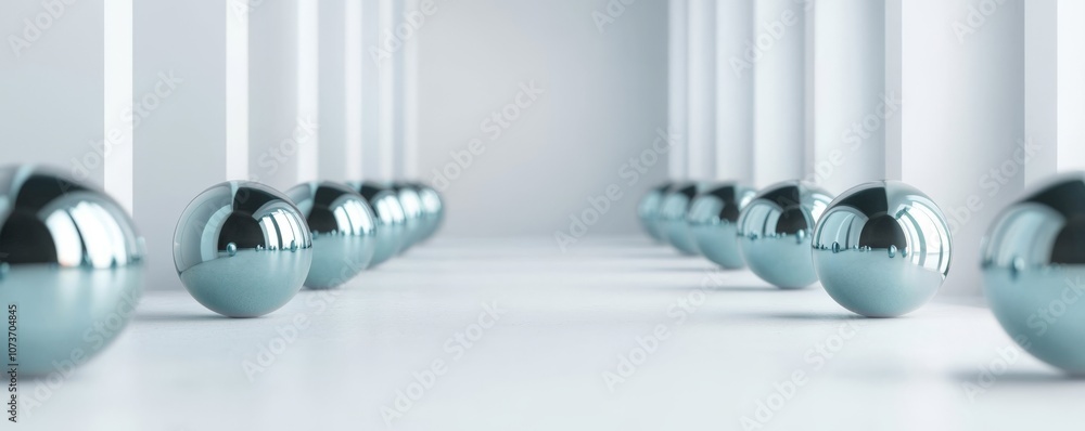 Poster a row of reflective silver spheres aligned in a minimalist white corridor, creating a sense of depth