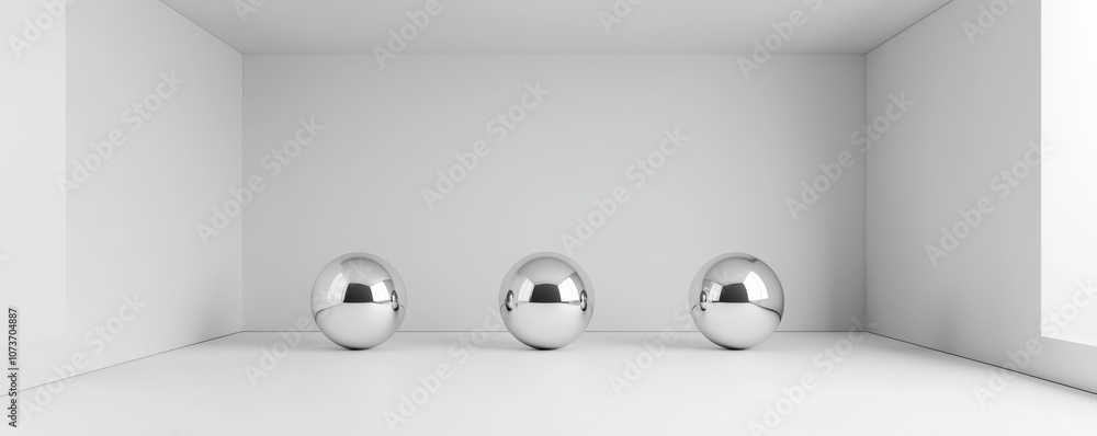 Poster this image features three reflective spheres arranged in a minimalist, white room, creating a modern