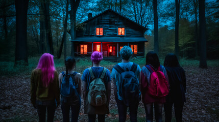 Group of young people standing outside a spooky cabin at dusk.