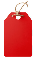 A vibrant red tag featuring a smooth surface and a secure tie, perfect for labeling items and enhancing organization. Isolated on transparent background, png.