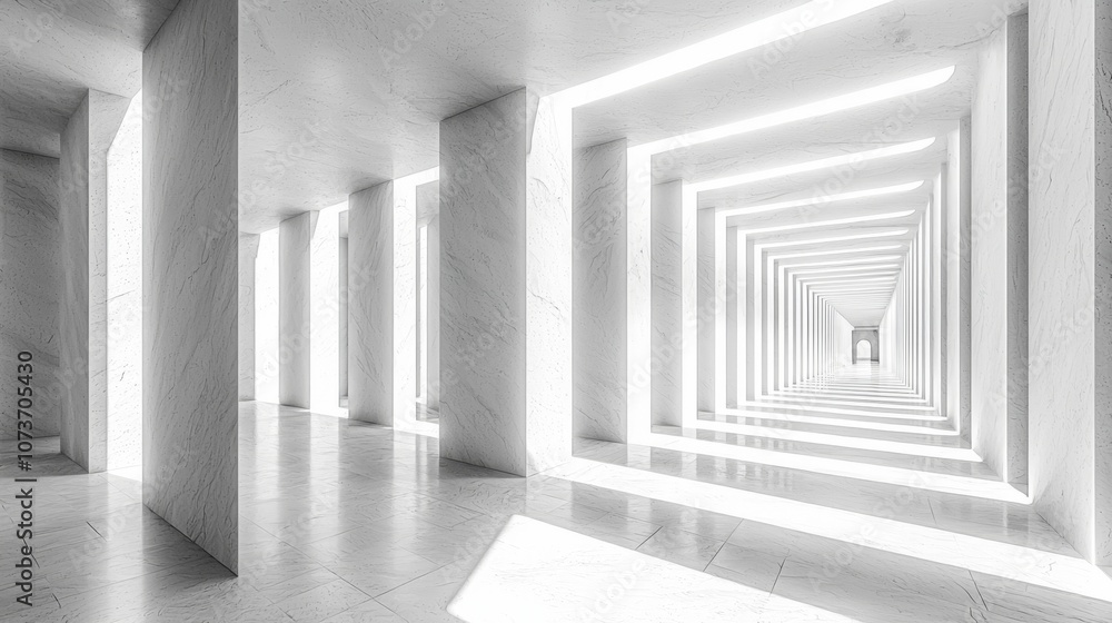 Poster a minimalist corridor with white walls and illuminated lines creates a sense of depth and infinity.