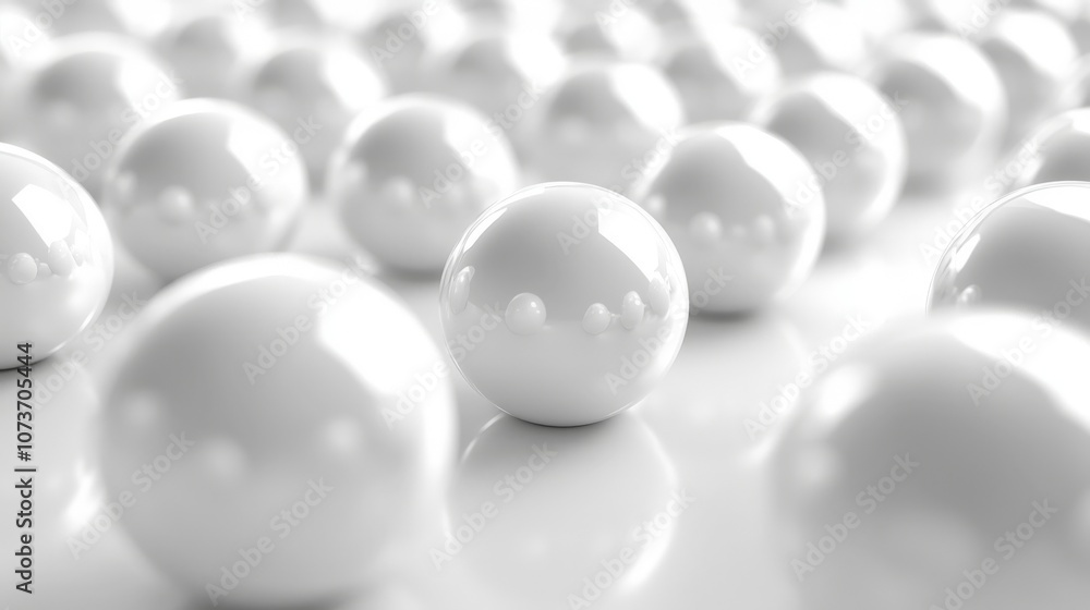 Poster a close-up image of numerous white spheres arranged in a uniform pattern, creating a visually appeal