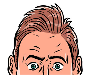 The face of a frightened man. A person hides from fear and the unknown. Emotions and feelings. Observation and peeping. Cartoon vector illustration. Hand drawn style. Humorous art