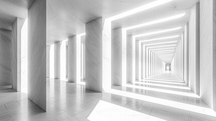 Fototapeta premium A minimalist corridor with white walls and illuminated lines creates a sense of depth and infinity.