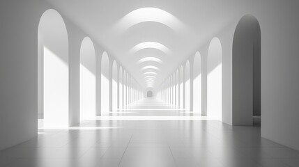 Obraz premium A minimalistic hallway with arched doorways, characterized by abundant natural light and a clean, white interior.