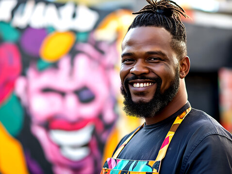 Street artist smiling with colorful mural in background wearing vibrant apron capturing joyful moment of urban art and creativity