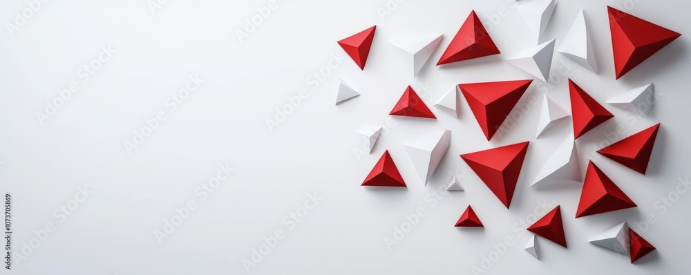 Poster a vibrant arrangement of red and white triangular shapes on a clean background, creating a dynamic a