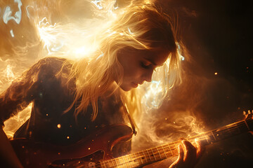 A young woman with long blonde hair plays an electric guitar surrounded by fiery, glowing light.