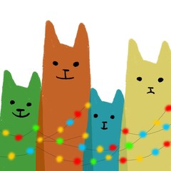 Cute cats with Christmas garland. Hand drawn, card