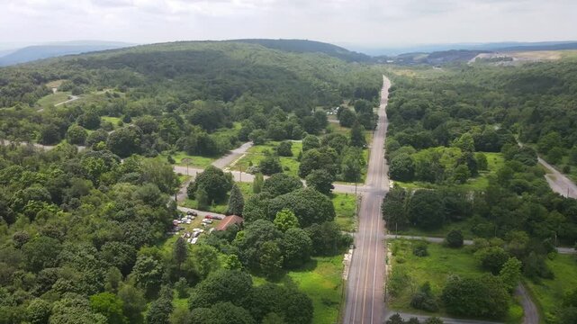 Aerial landscape during summer of green abandoned coal town Centralia Appalachia Pennsylvania