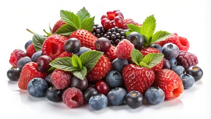 A bunch of berries and mint leaves are piled on top of each other