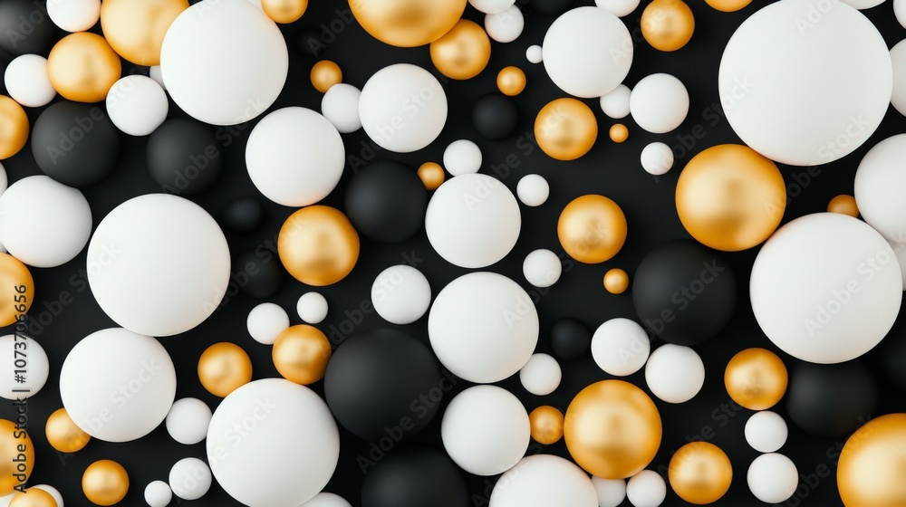 Poster a colorful arrangement of spheres in black, white, and gold, creating a visually striking abstract p