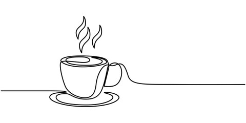Continuous one single line drawing of Cup of tea or coffee, Coffee cup continuous line sketch tea icon cafe sketch drink single art outline mug logo food. Doodle cup line abstract background breakfast