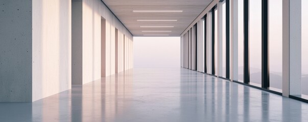 Fototapeta premium A spacious, minimalist interior featuring large windows that allow natural light to flood the area, creating an airy and open atmosphere.