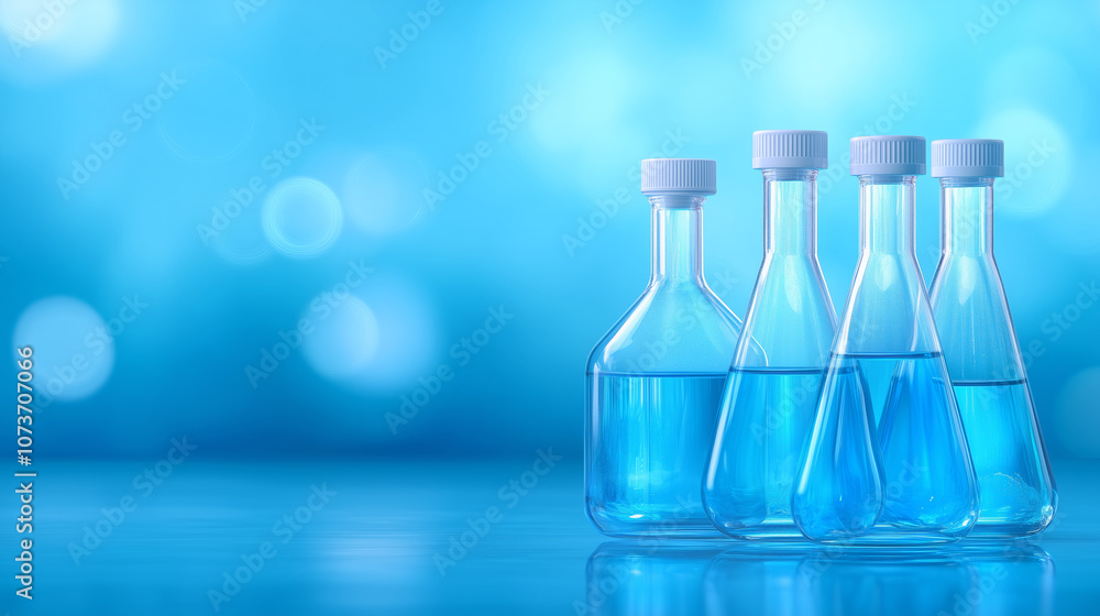 Poster blue liquid in glass flasks arranged neatly against a soft blue background in a lab setting