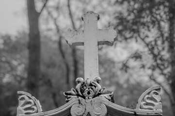 White stone cross standing in a cemetery with blurred trees in background
