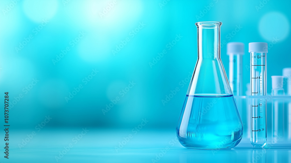 Poster glassware with a flask and test tubes of blue liquid in a lab setting