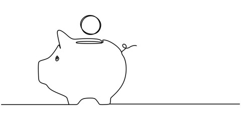 Piggy bank in continuous line art drawing style. Pig moneybox black linear sketch isolated on white background. Vector illustration, Continuous line drawing of piggy bank, One continuous line drawing