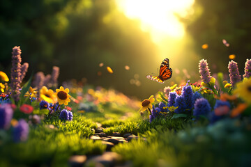 Fototapeta premium Idyllische Frühlingswiese mit blühenden Wildblumen und Schmetterlingen bei Sonnenaufgang