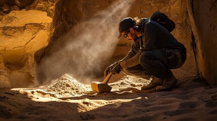 Man Digging for Treasure in a Cave
