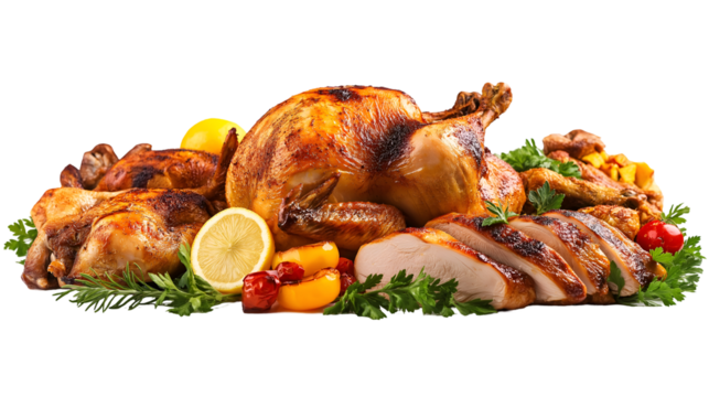 Roasted Chicken and Turkey Feast A Festive Food Spread, Isolated on Transparent Background, High-Resolution Stock Image