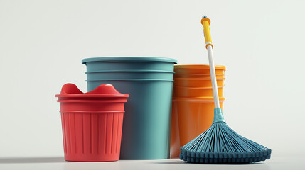bucket and broom on white background